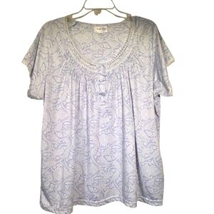 Body Touch Paisley Print Pajama Top With Lace Trim 1X EUC Blue-Gray And White